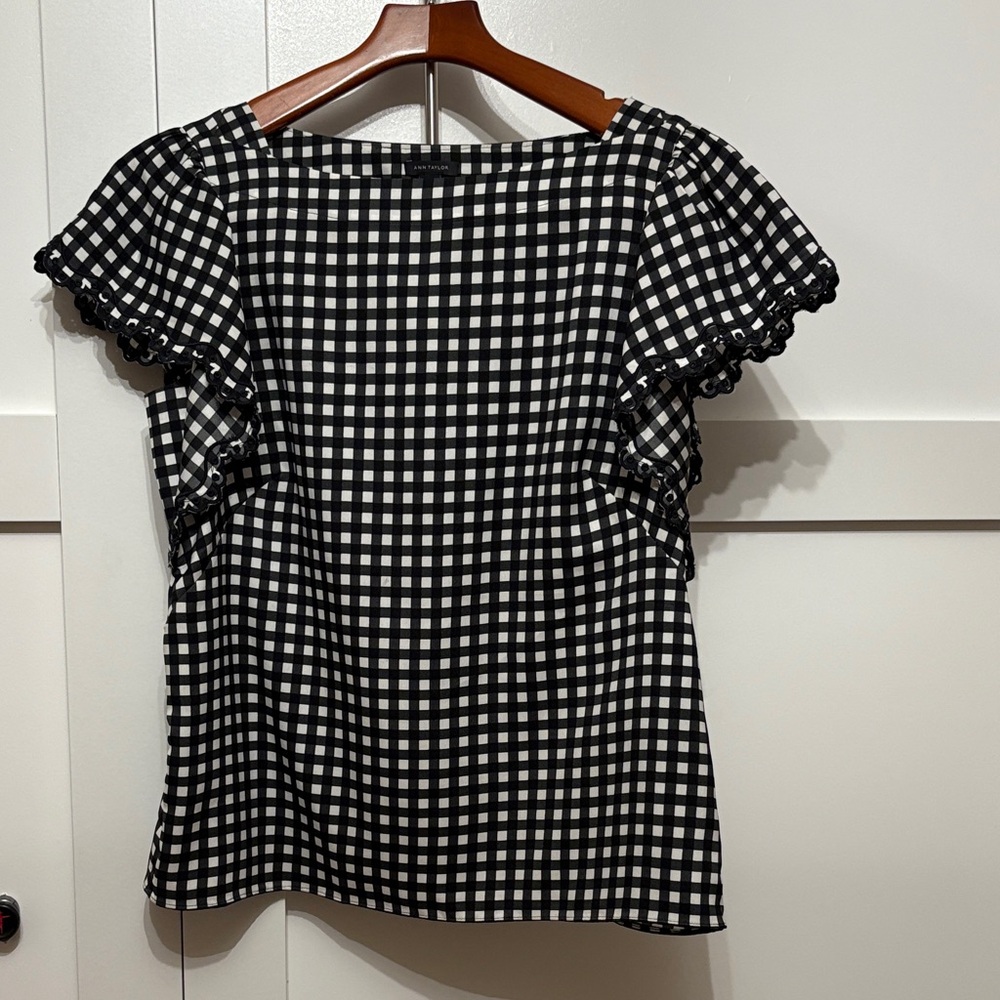 Ann Taylor Gingham Ruffle Sleeve Blouse